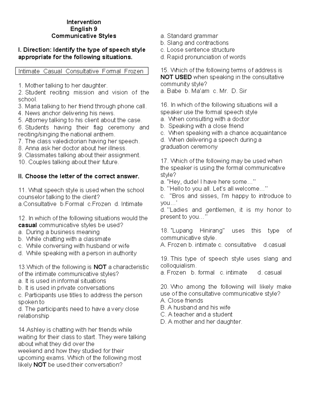 English 9 Communicative Styles: Intervention Activity and Guidelines ...