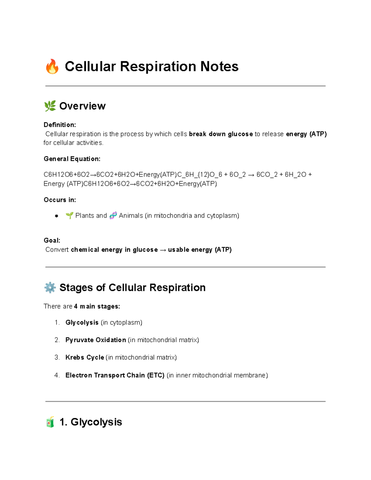Cellular Respiration Overview: Key Notes for Biology 101 - Studocu