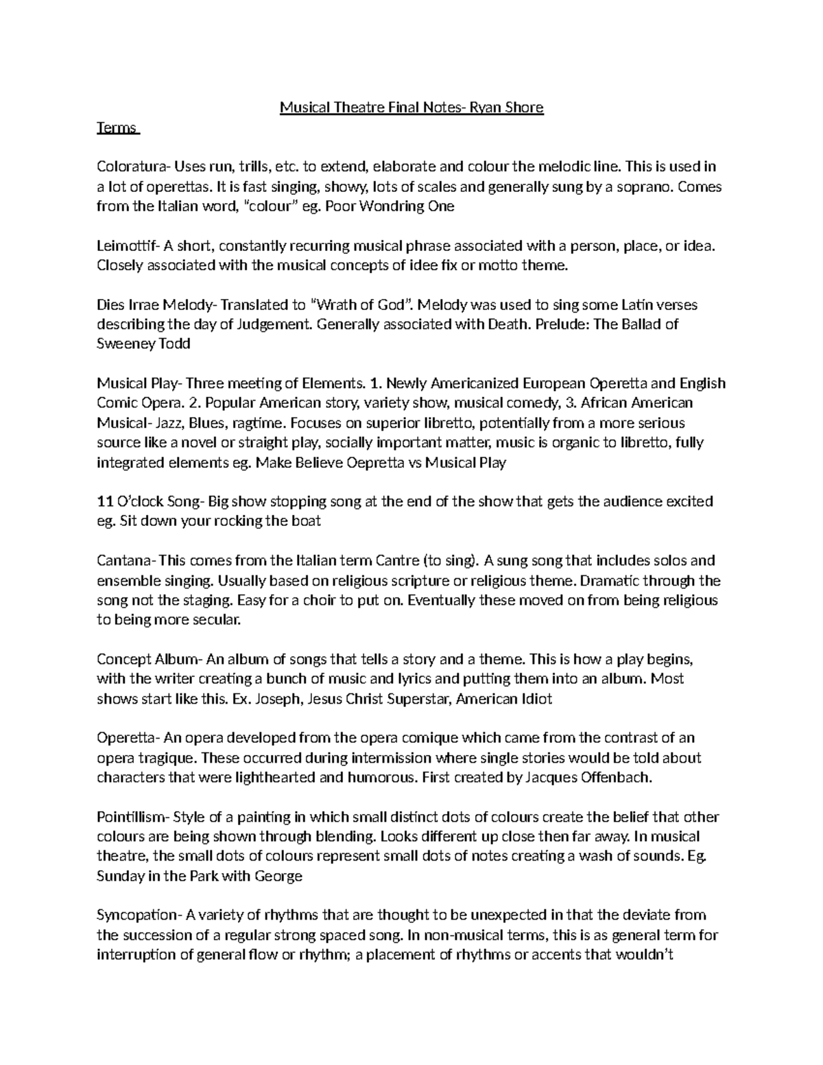 Musical Theatre Final Exam Study Notes - Course Code: MT101 - Studocu