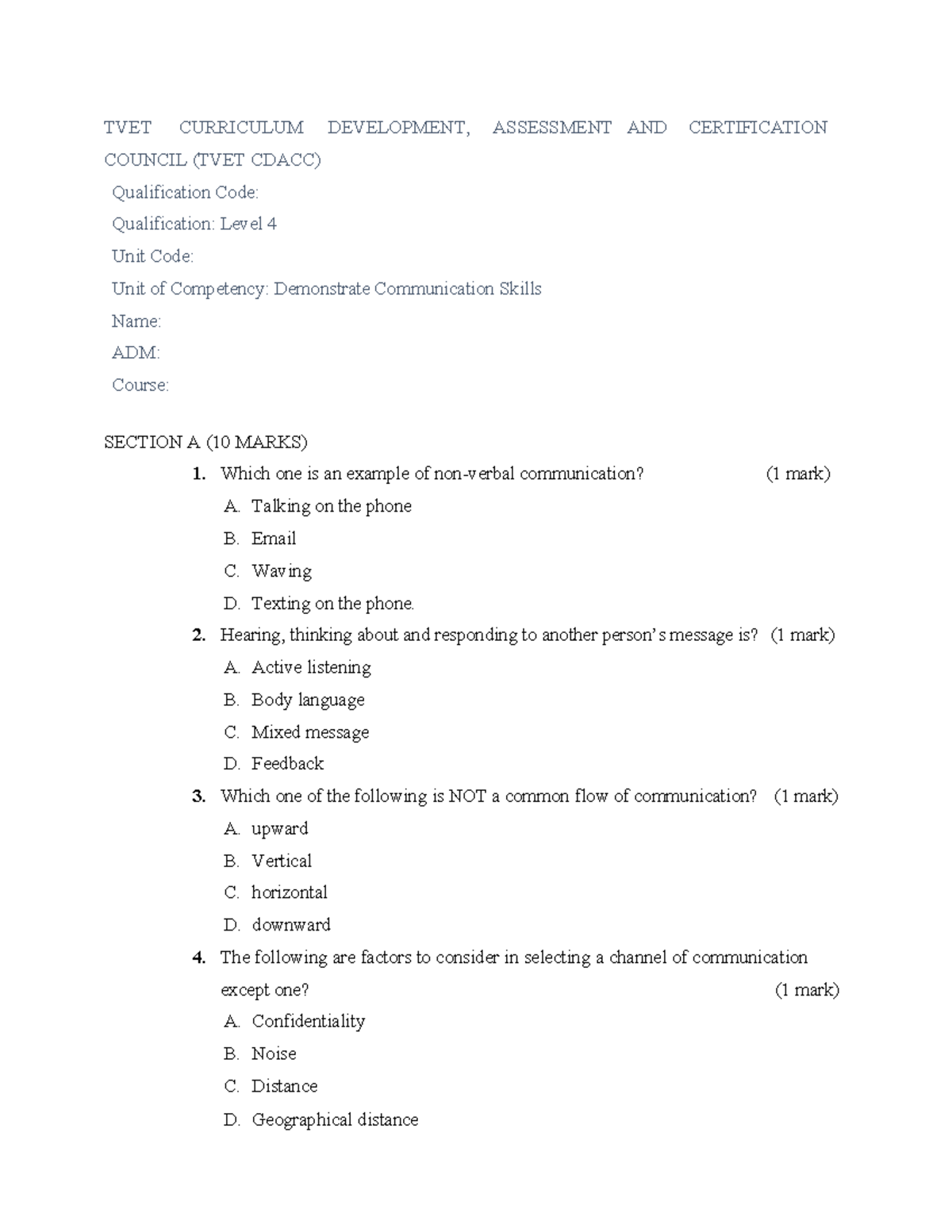Communication Skills - CAT CDACC Level 4 Assessment Questions - Studocu