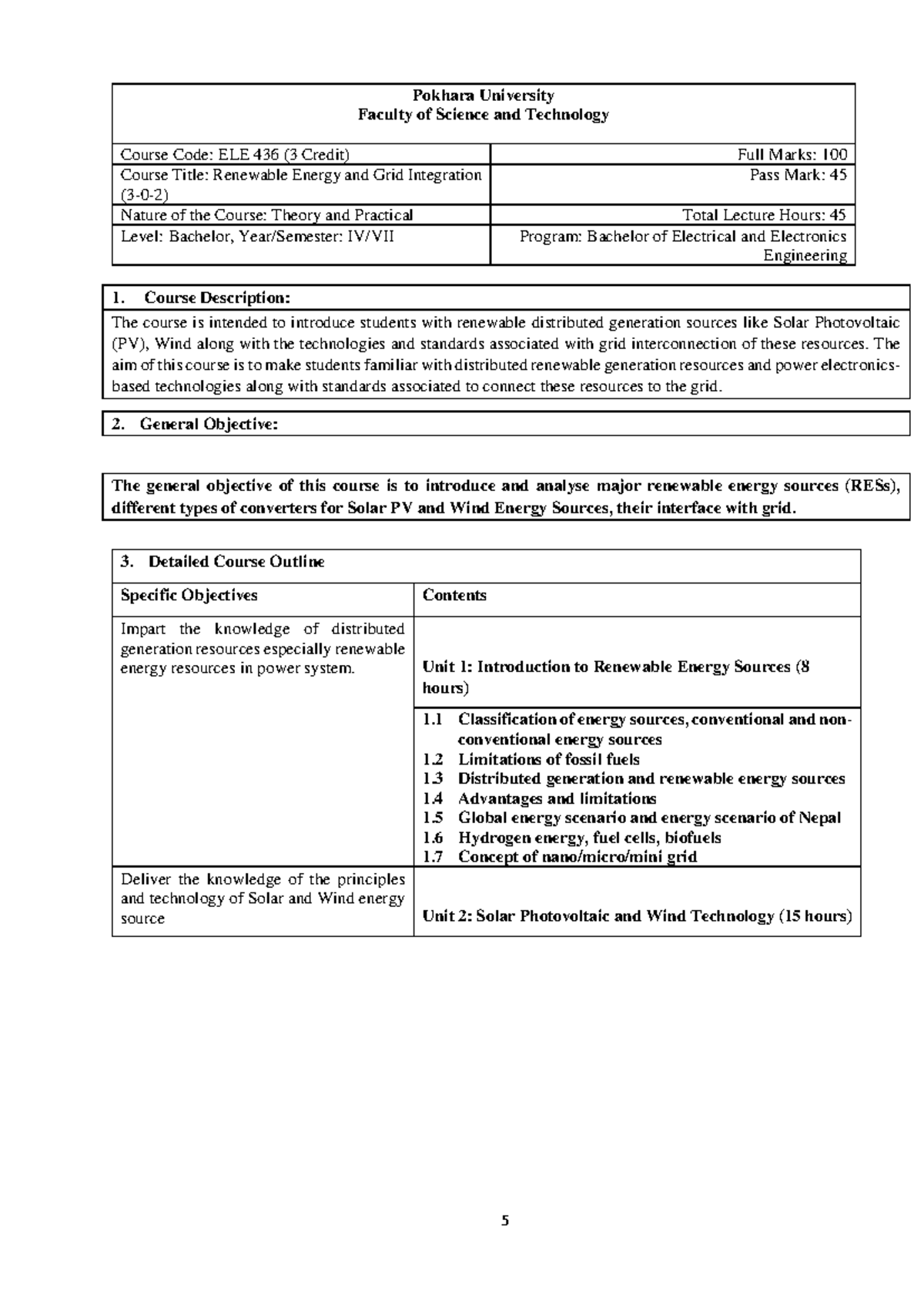 Renewable Energy and Grid Integration - ELE 436 Course Overview - Studocu
