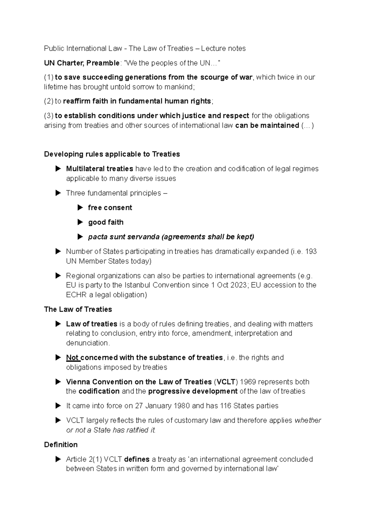 Public International Law: Lecture Notes on Treaties and the VCLT - Studocu