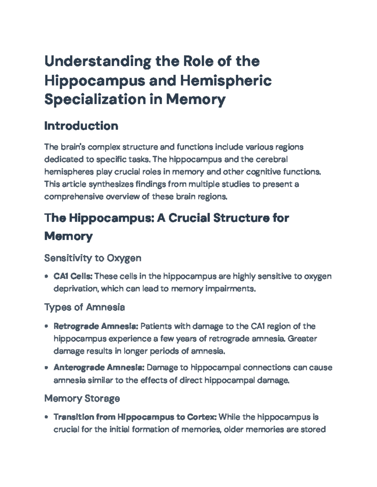 Understanding Hippocampus & Hemispheric Specialization in Memory ...