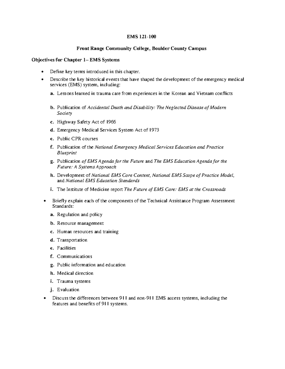 Chapter 1 Study: Objectives and Key Concepts in EMS Systems - Studocu