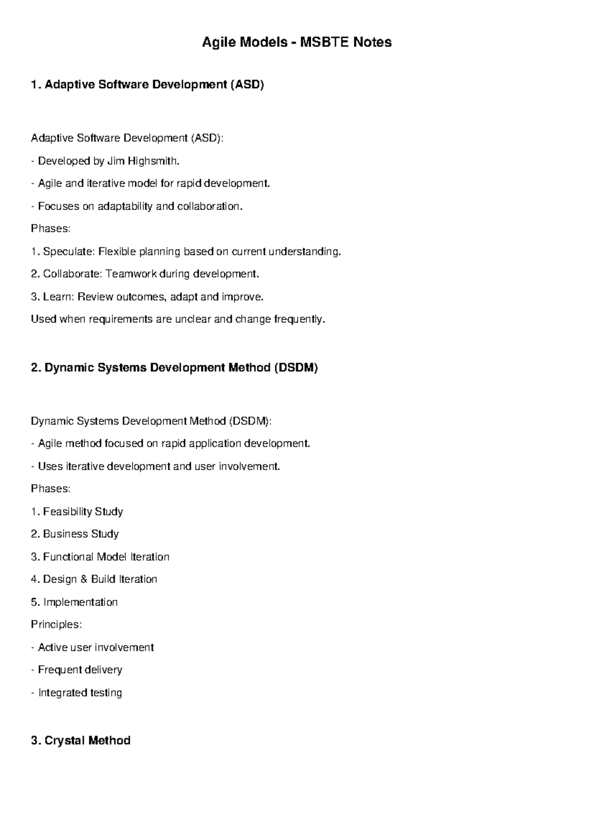Agile Models MSBTE Notes: ASD, DSDM, and Crystal Method Overview - Studocu
