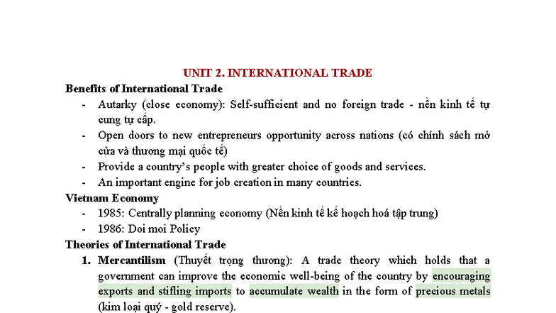 UNIT 2: INTERNATIONAL TRADE - Key Concepts and Theories - Studocu