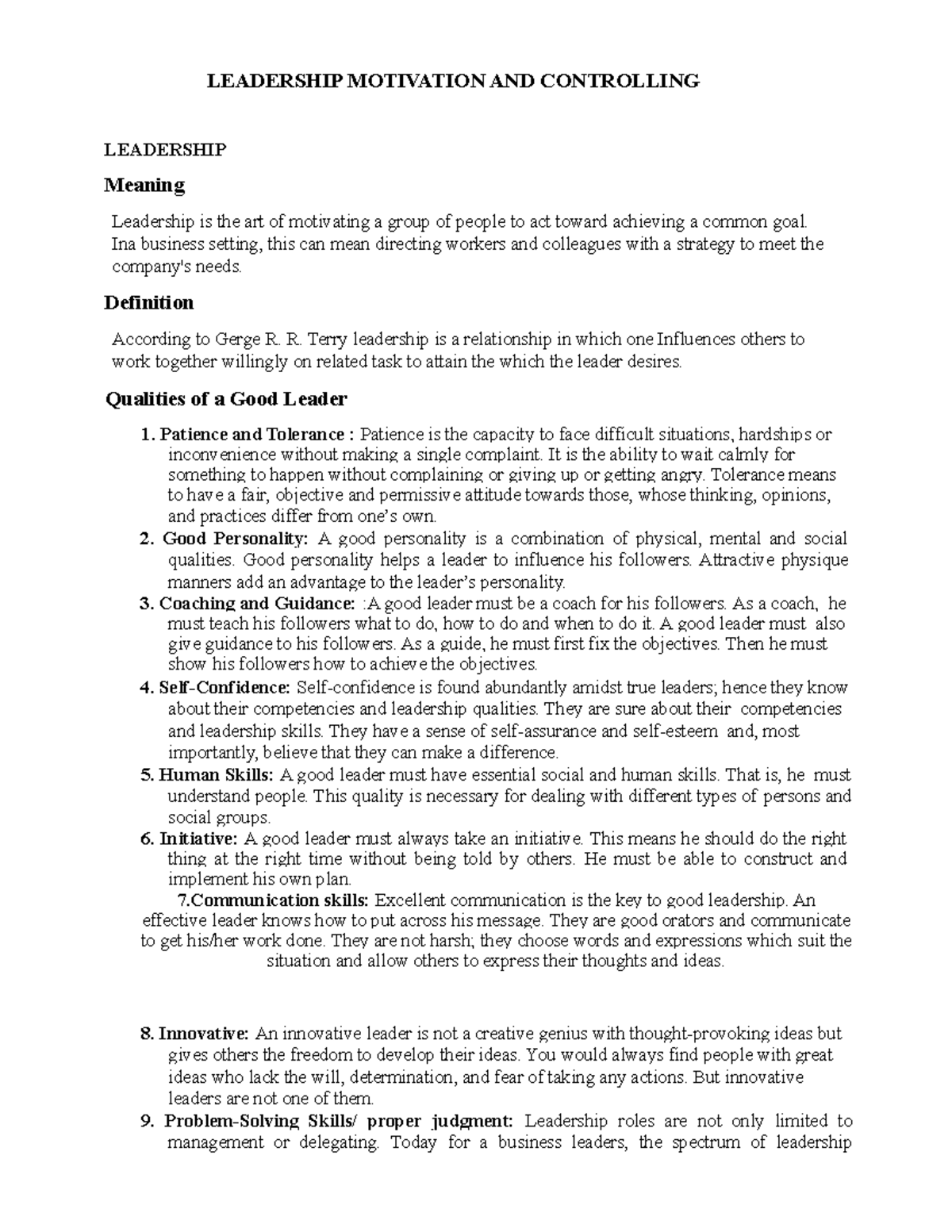 Leadership, Motivation and Controlling - LEADERSHIP MOTIVATION AND ...