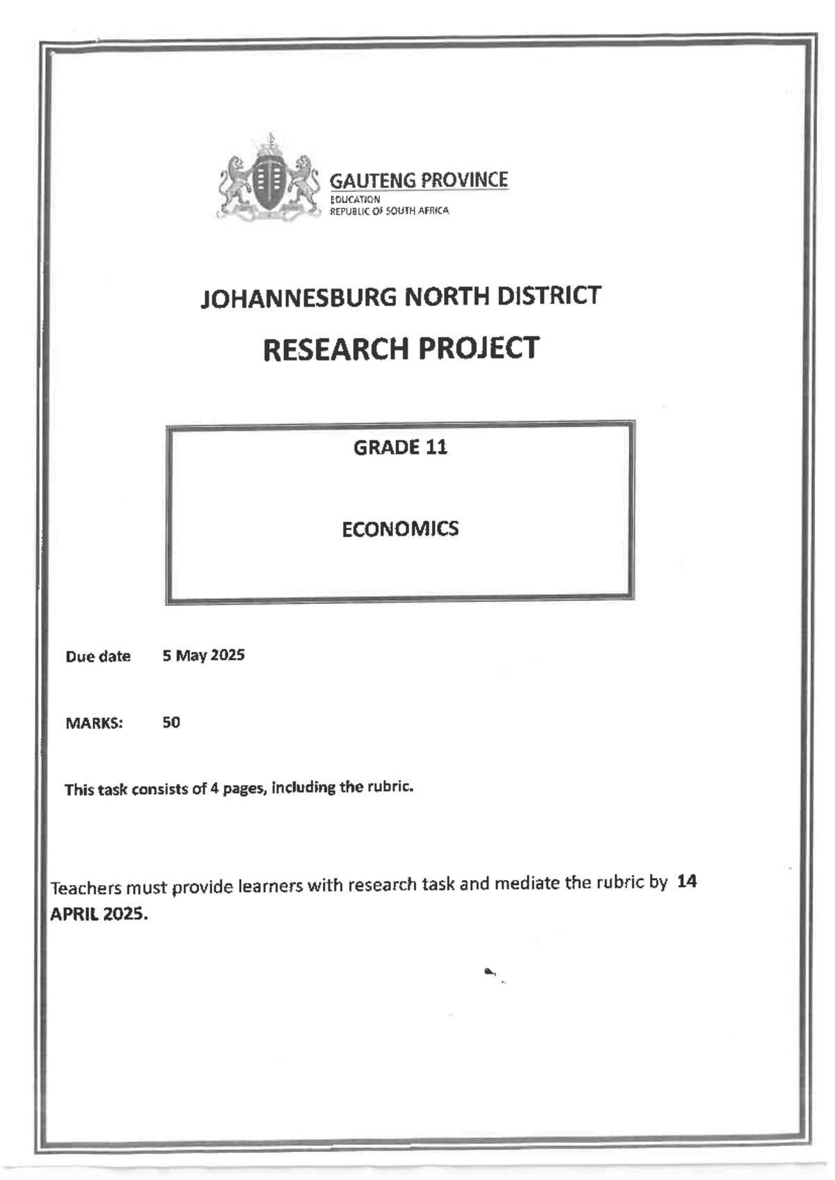 GAUTENG GRADE 11 ECONOMICS RESEARCH PROJECT ASSIGNMENT DETAILS - Studocu