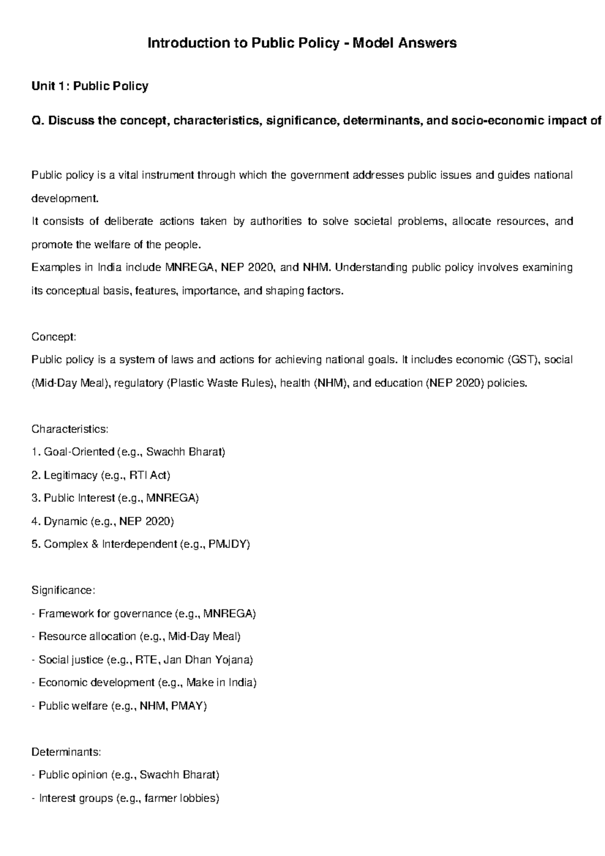 DU Public Policy Unit 1: Comprehensive Model Answers on Key Concepts ...