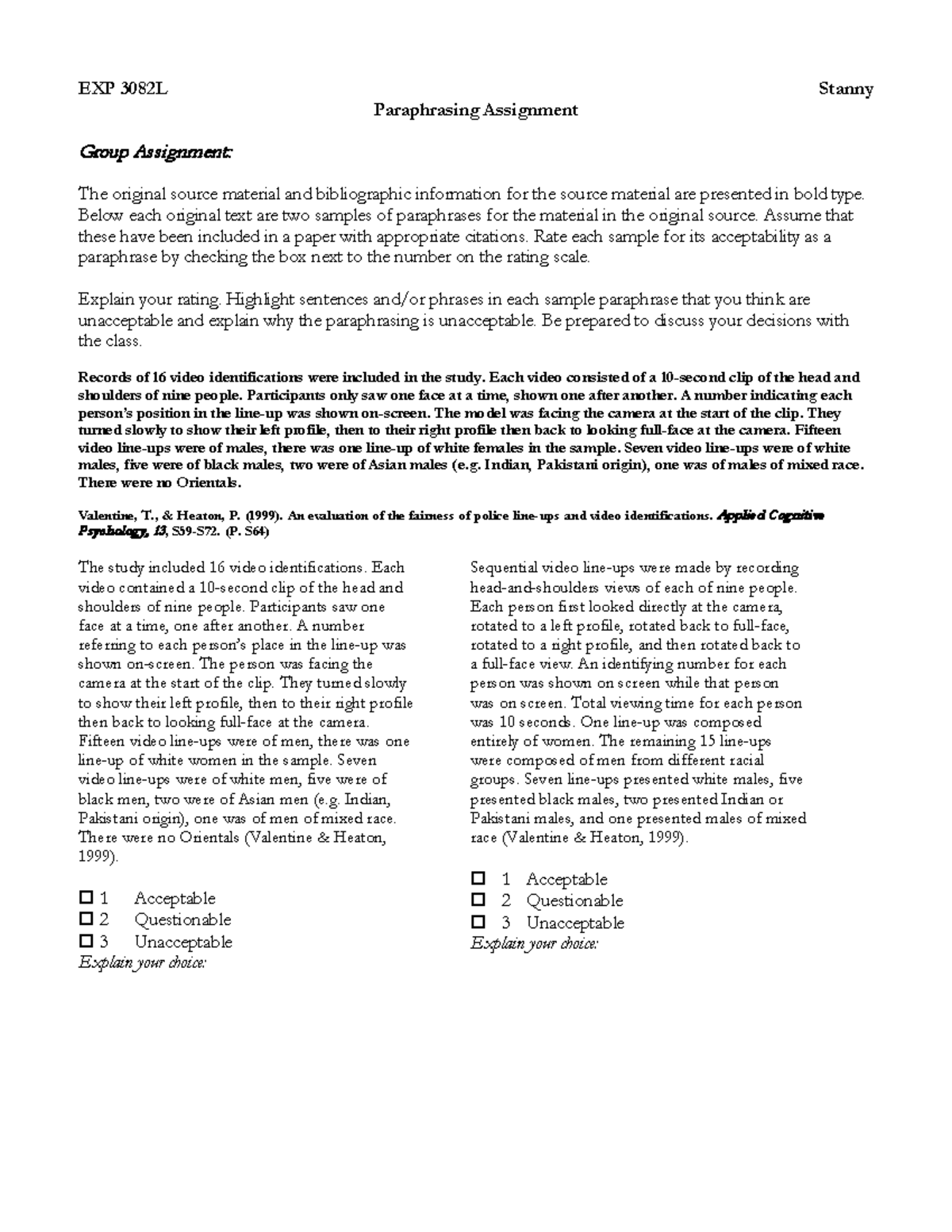 EXP 3082L Paraphrasing Activity: Sample Paraphrases and Evaluations ...