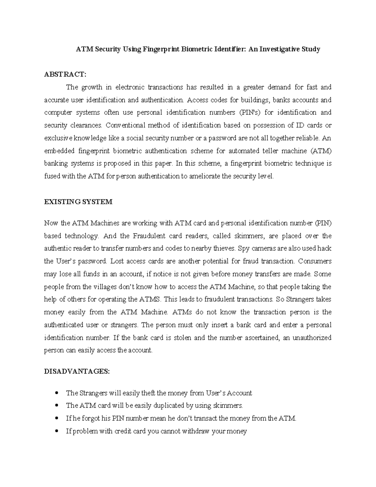 ATM Security Project: Fingerprint Biometric Authentication Study - Studocu