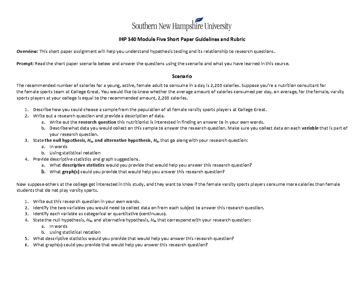 IHP 340 Module 5 Short Paper Guidelines on Hypothesis Testing - Studocu