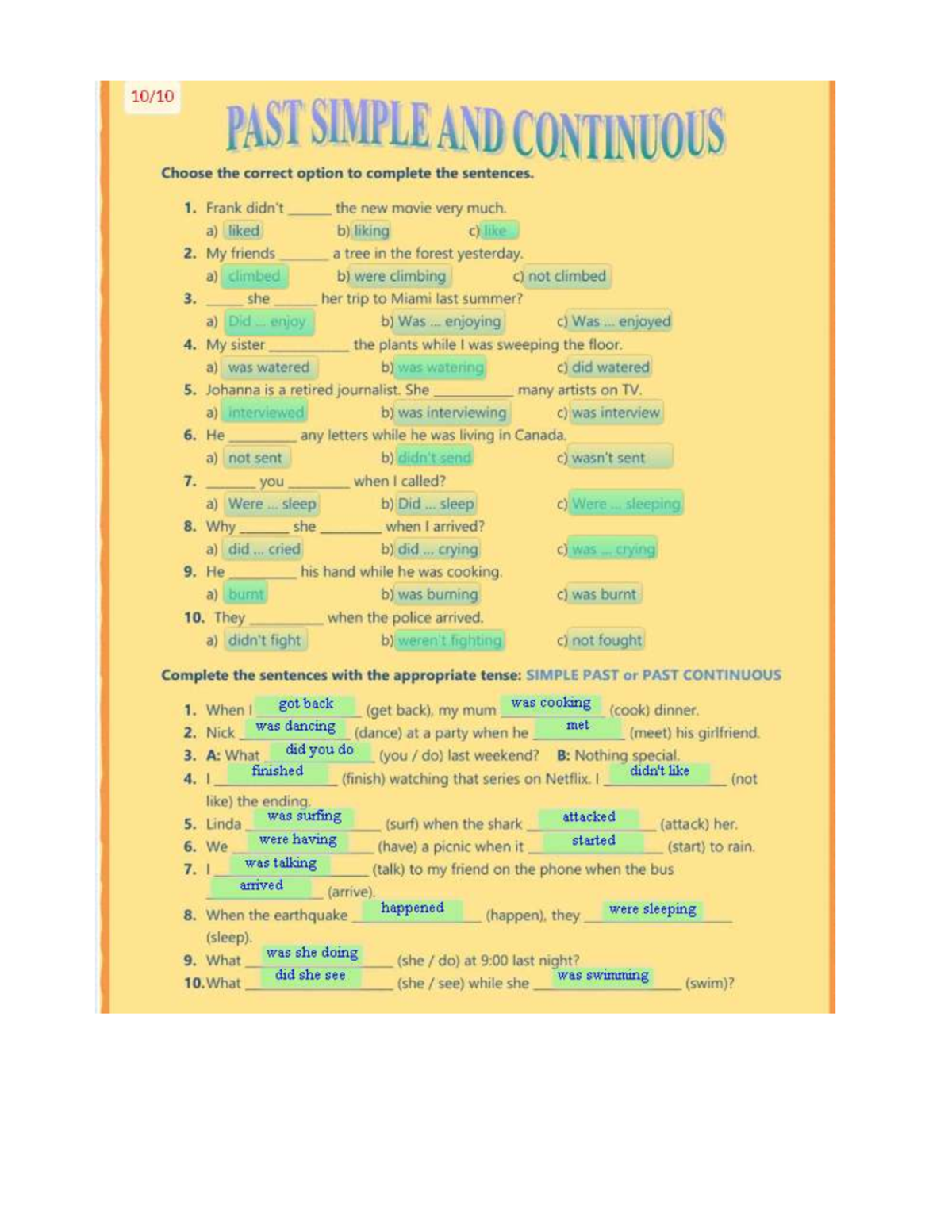 PAST AND Simple Continuous Activity - PAST SIMPLE AND CONTINUOUS Choose ...