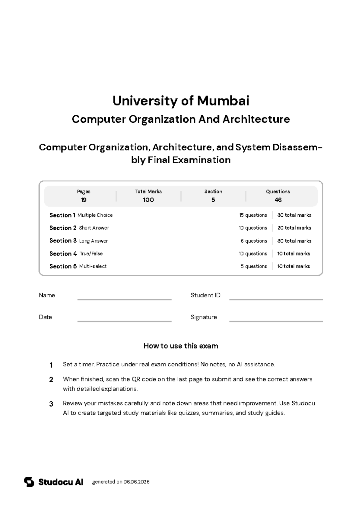 Computer Organization and Architecture Final Exam - Studocu