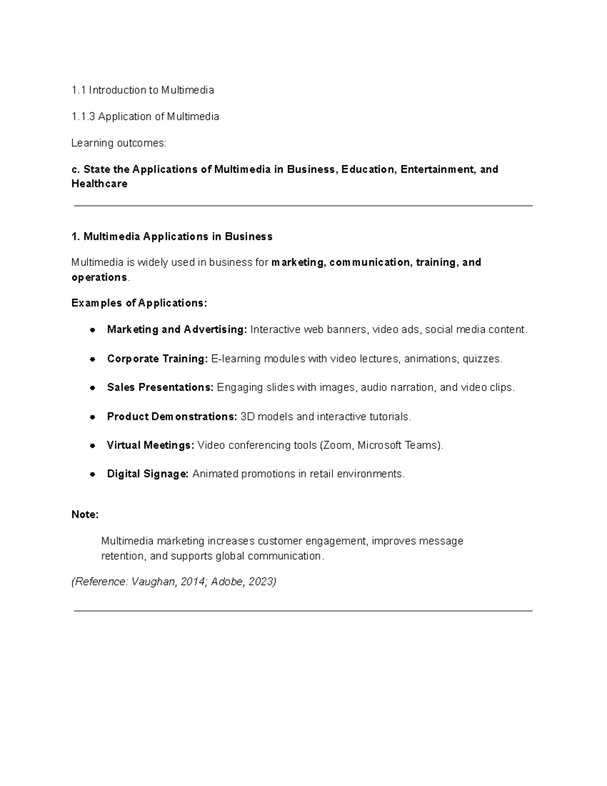1.1.3 Applications of Multimedia in Business, Education, and Healthcare ...