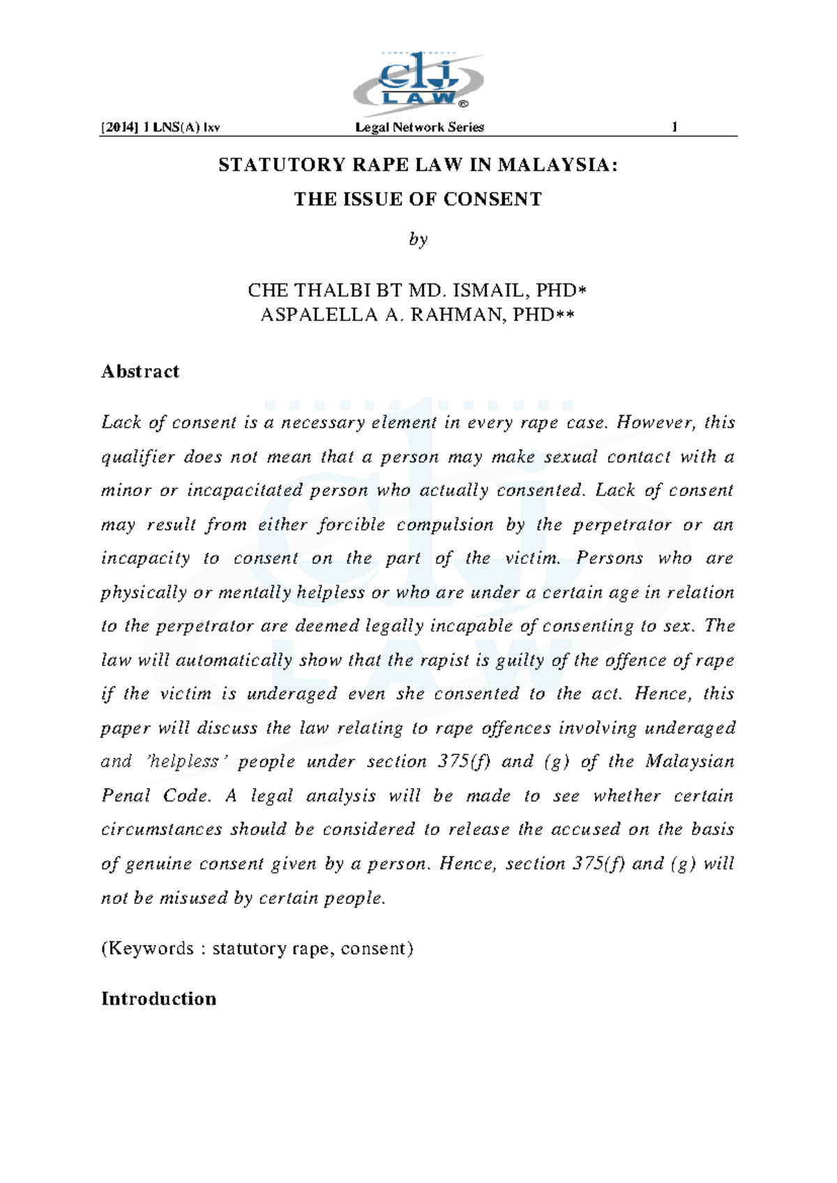 Statutory Rape Law in Malaysia: Analyzing Consent Issues (1 LNS(A) lxv ...