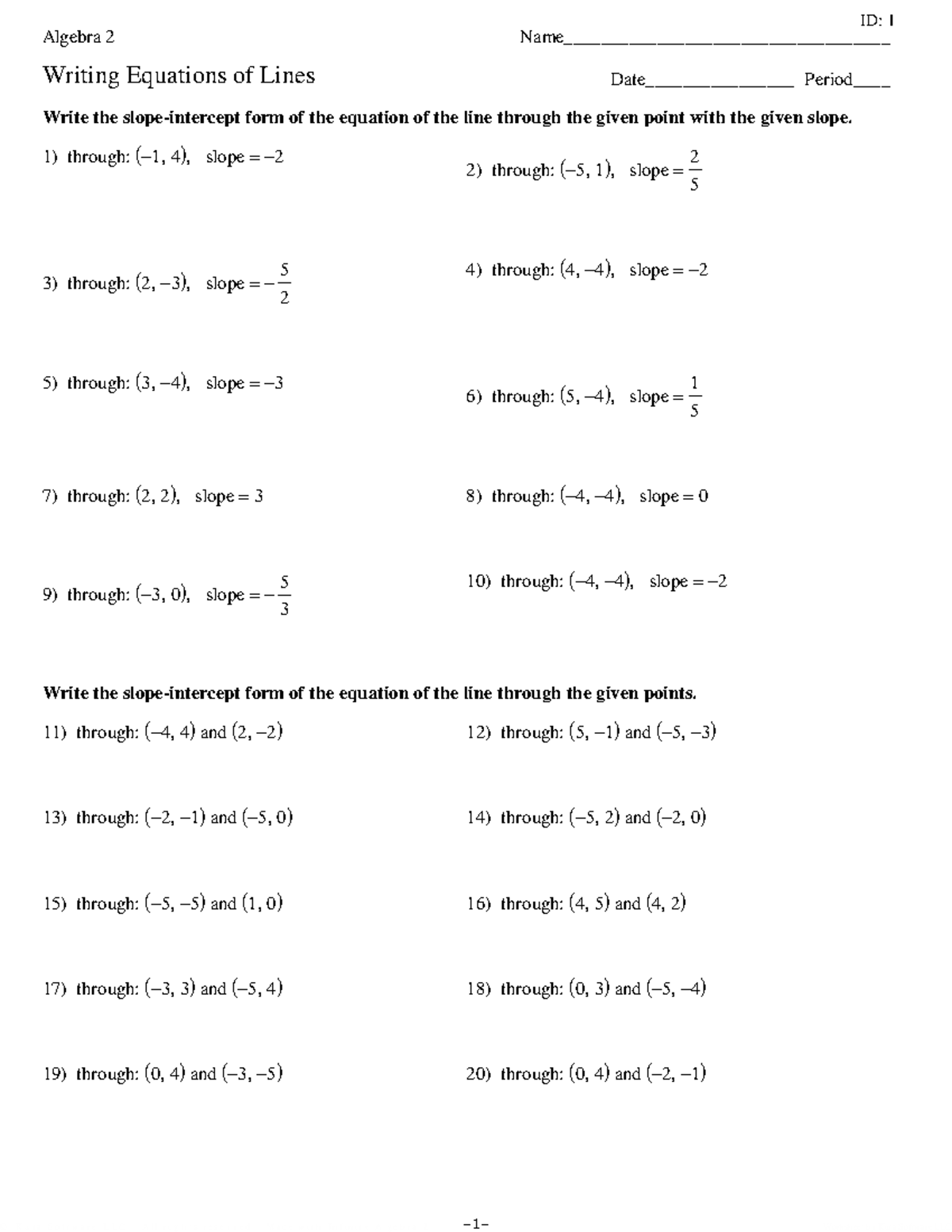 Algebra 2: Writing Equations of Lines Worksheet - Studocu
