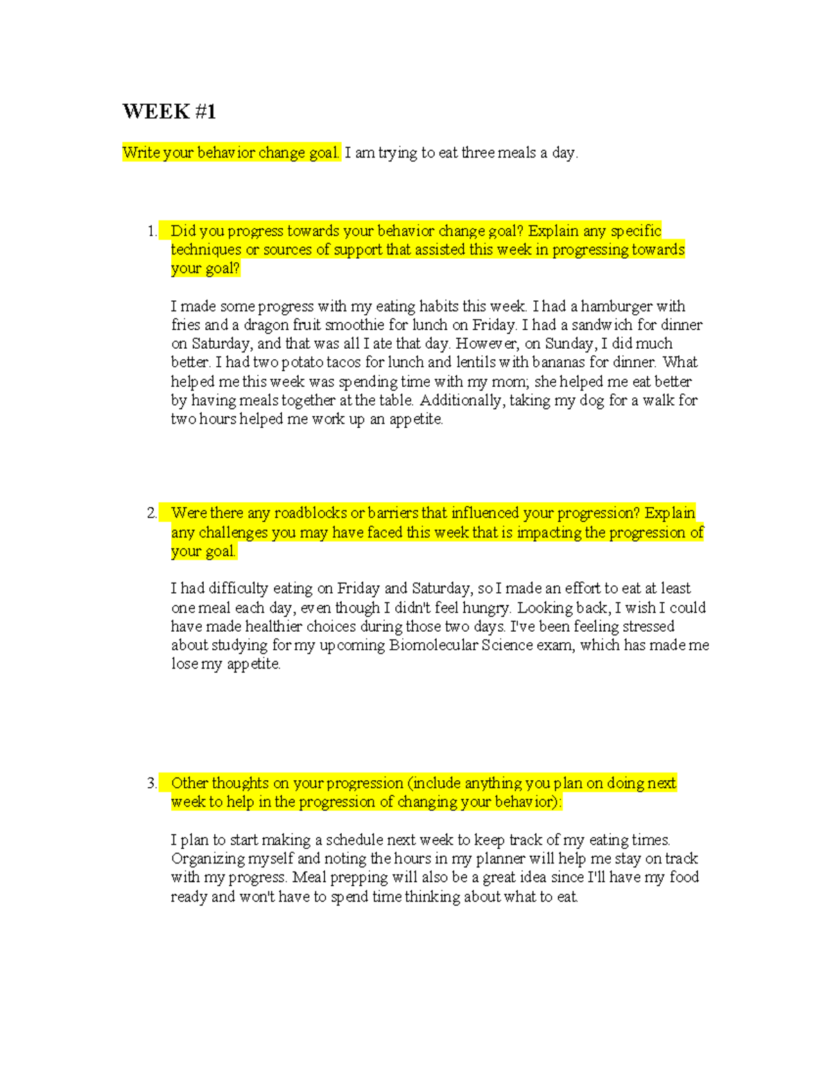 Week 1 Behavior Change Journal for PE 144: Progress & Challenges - Studocu