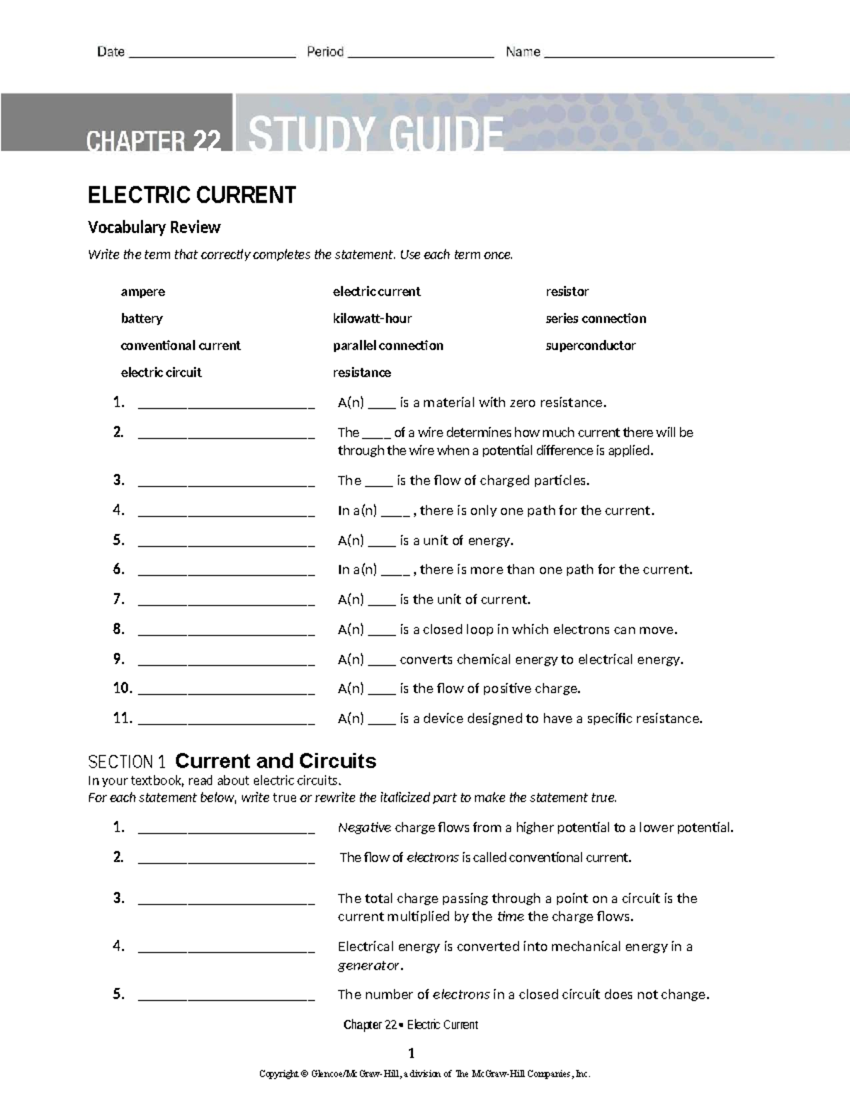 22 ELECTRIC CURRENT Vocabulary Review and Study Guide - Studocu