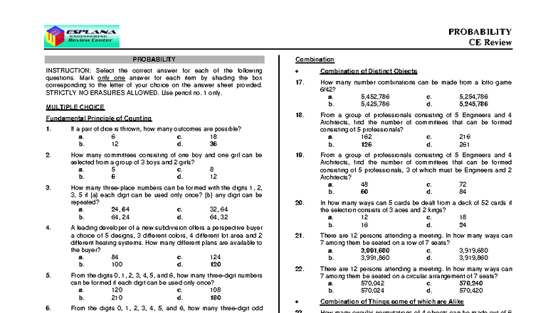 PROBABILITY CE Review: Combinations and Permutations Notes - Studocu