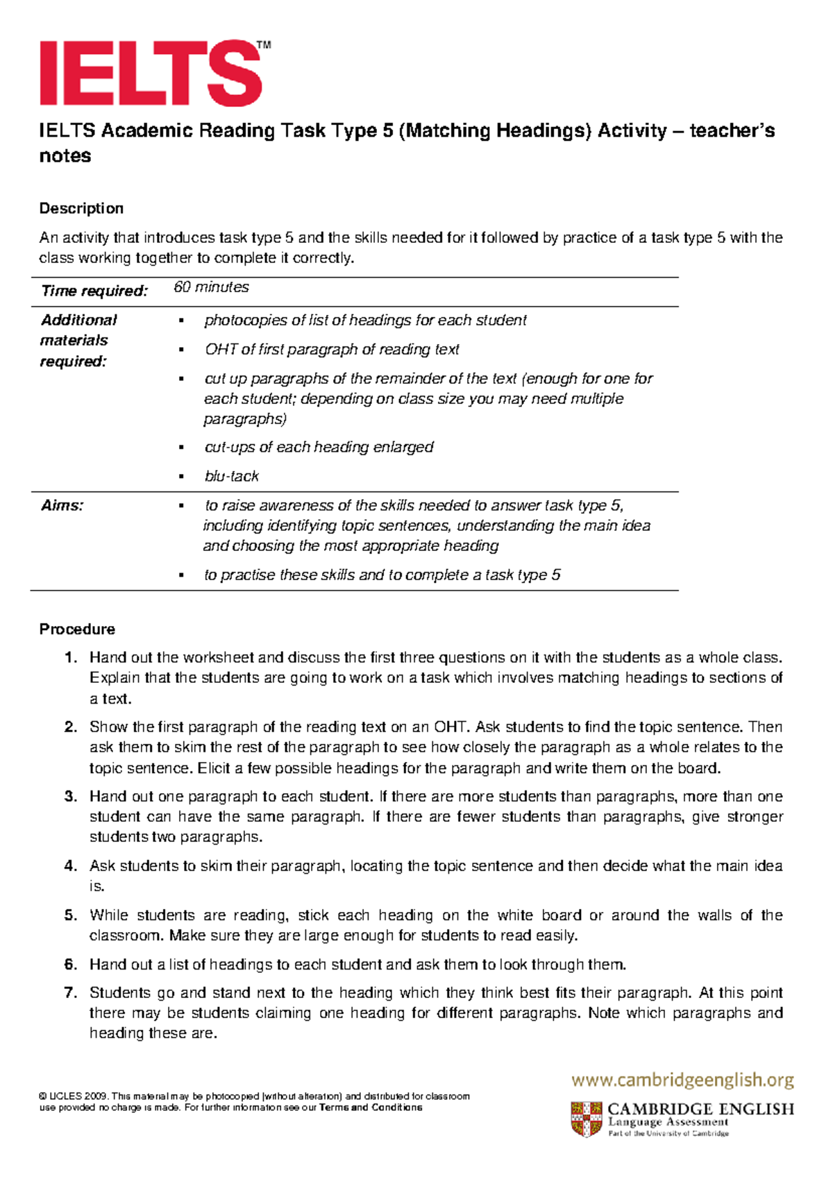 IELTS Academic Reading Task Type 5: Matching Headings Activity Notes ...