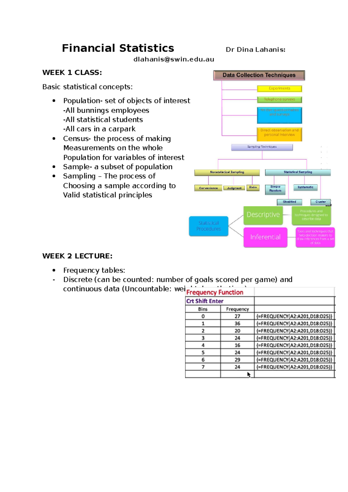 Notes - Financial Statistics Dr Dina Lahanis: dlahanis@swin.edu WEEK 1 ...