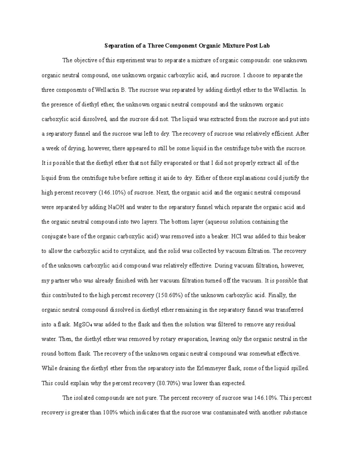 Separation Post-Lab (#3) - Separation of a Three Component Organic ...