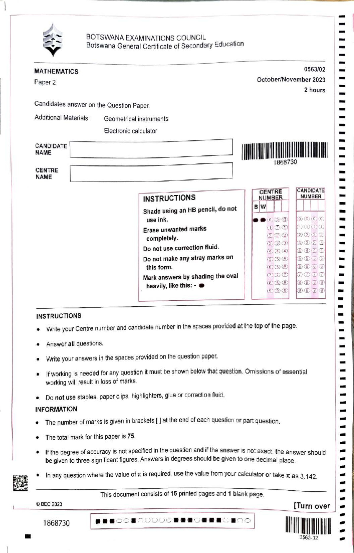 MATHEMATICS BEC 2023 Paper 2 Exam Guide - Studocu