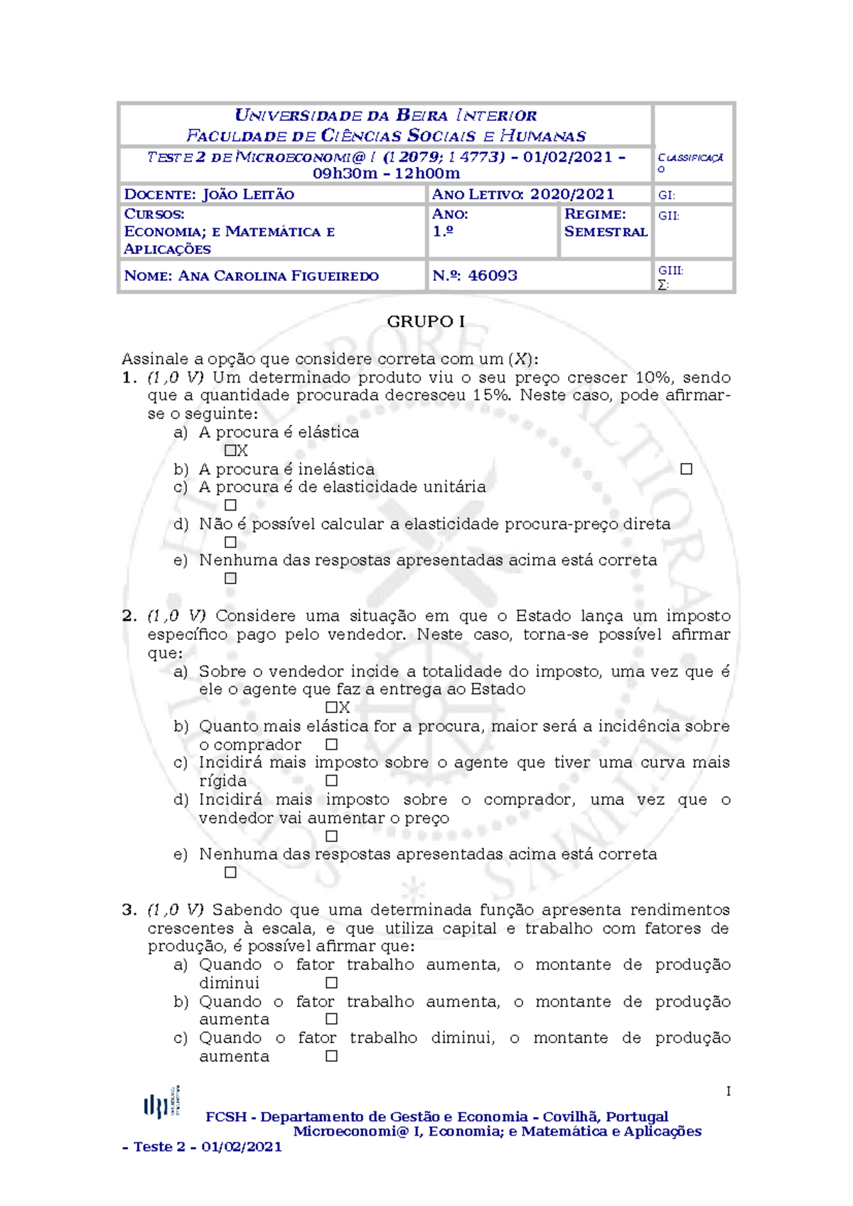 Teste 2 de Microeconomia I (12079; 14773) - Respostas e Análise - Document Preview