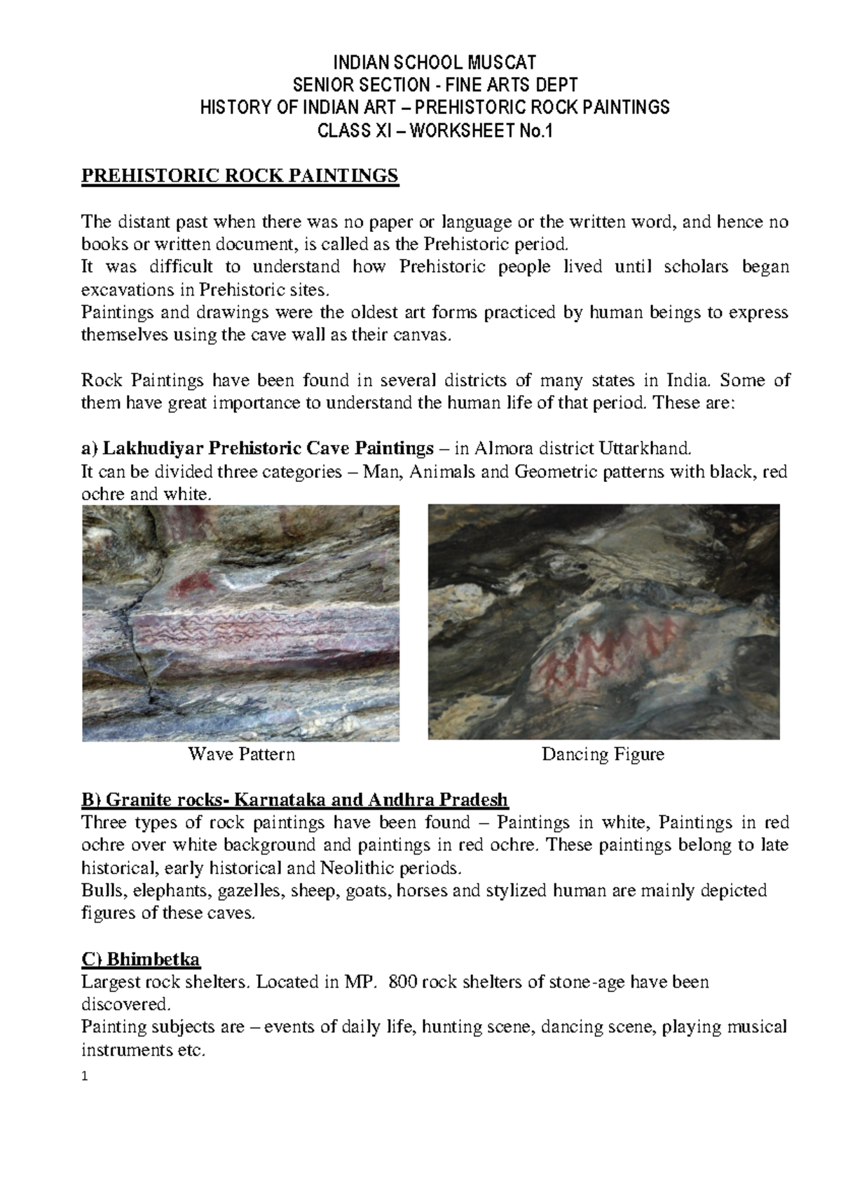 Class XI FINE ARTS Prehistoric ROCK Paintings Worksheet 1 - INDIAN ...