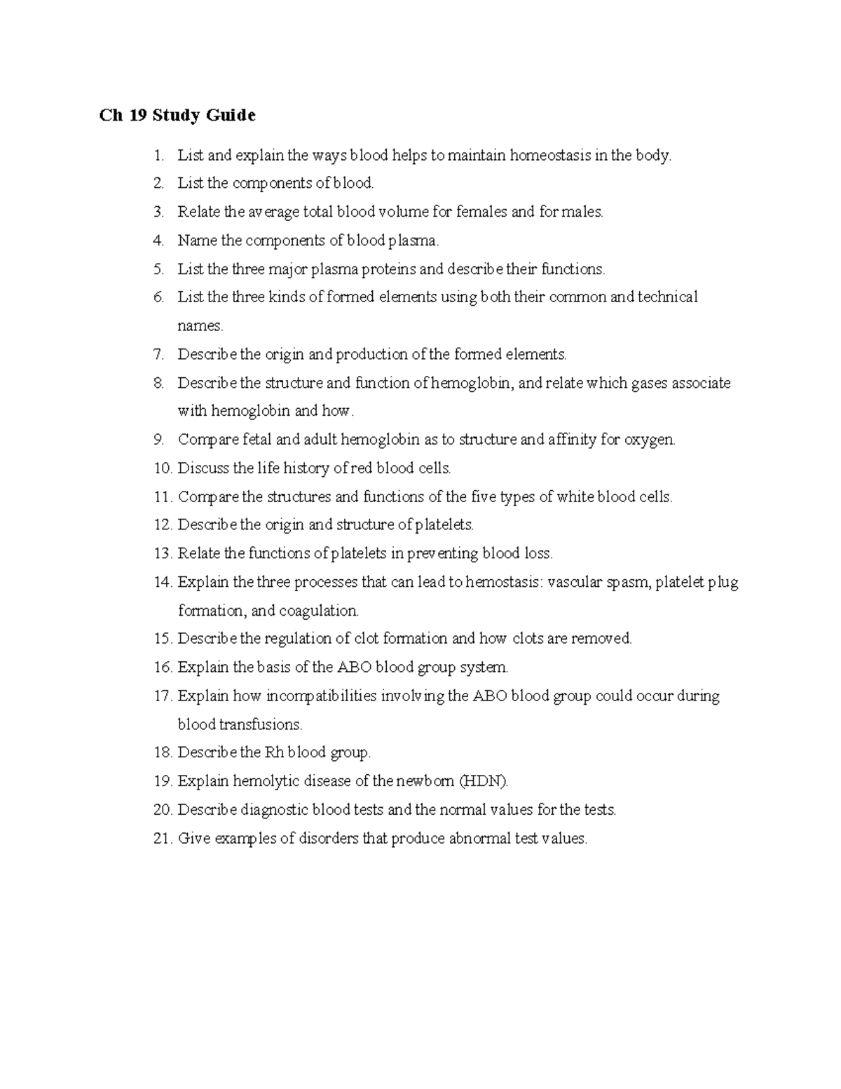 Ch 19 Study Guide: Blood and Homeostasis - Studocu