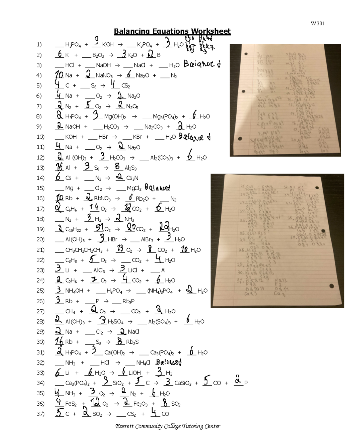 Balancing Equations Worksheet for CHEM 301: Practice Problems - Studocu