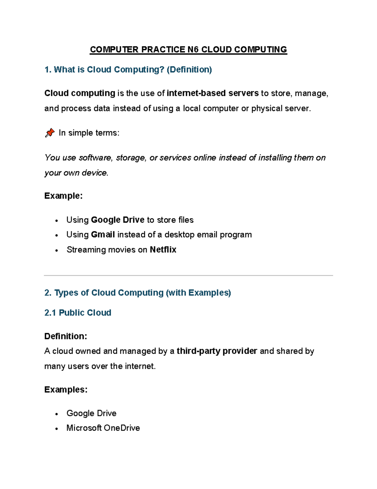 COMPUTER PRACTICE N6 CLOUD COMPUTING NOTES: TYPES & EXAMPLES - Studocu