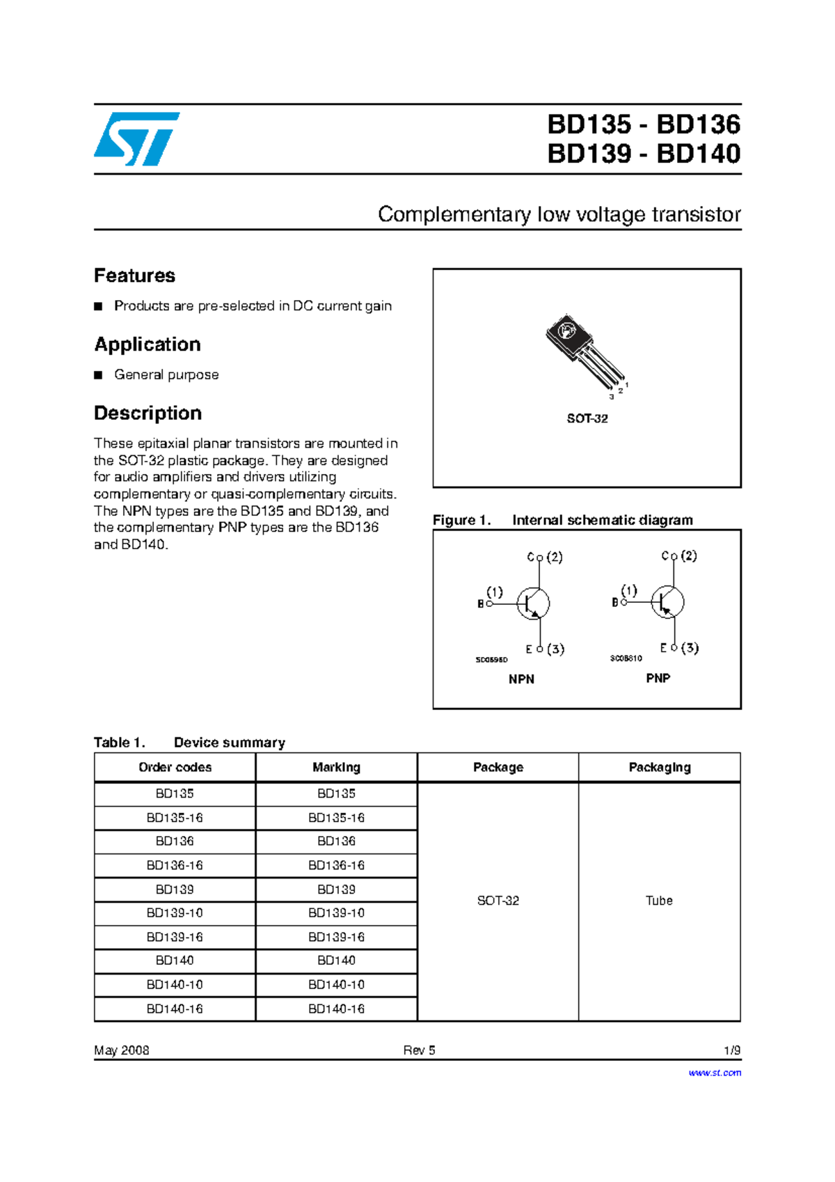 BD135 BD136 BD139 BD140 Complementary Low Voltage Transistor Features ...