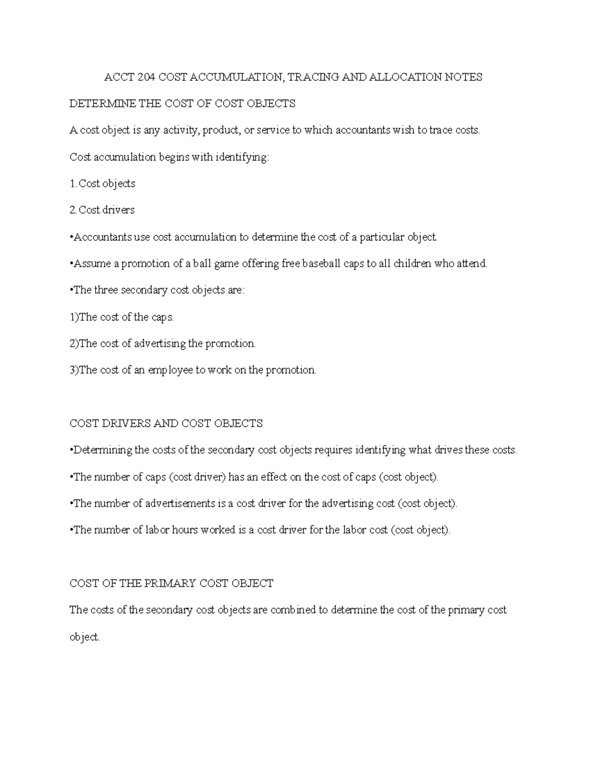 ACCT 204 Cost Accumulation, Tracing & Allocation Study Notes - Studocu
