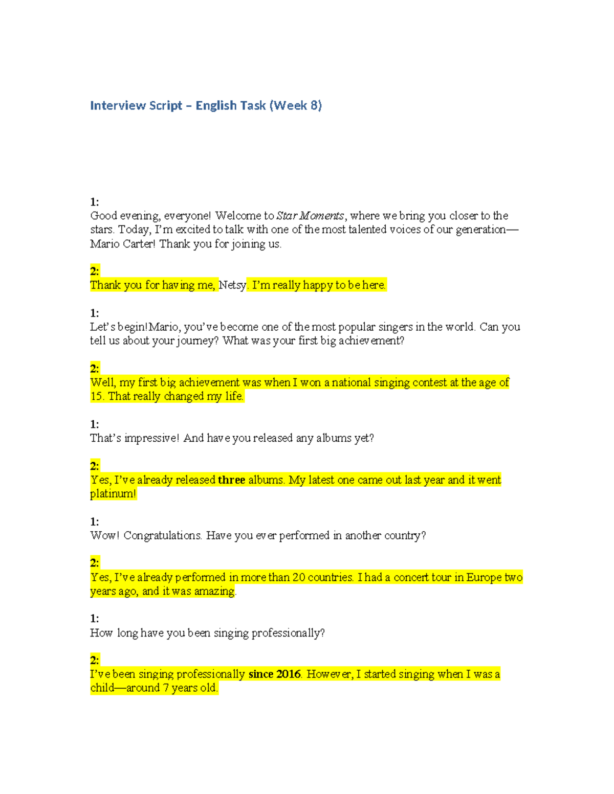 Interview Script: English Task (Week 8) - Mario Carter's Journey - Studocu