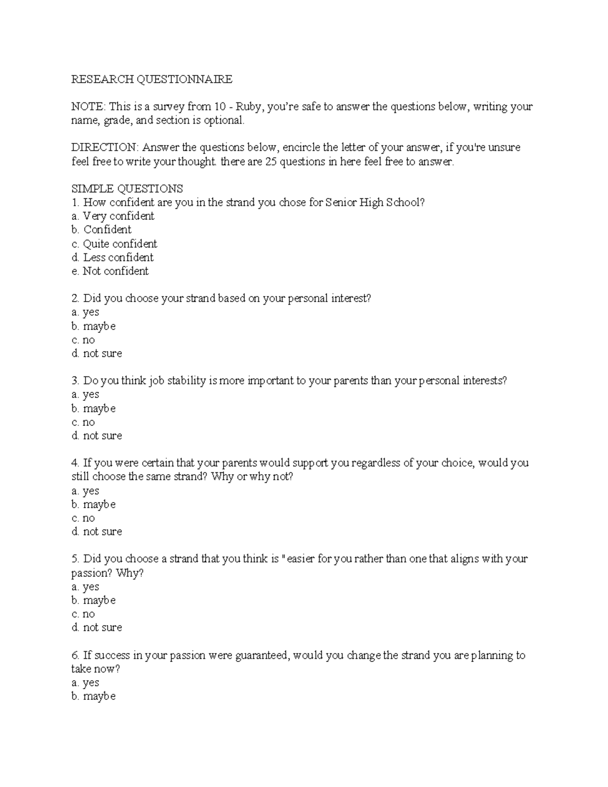 RESEARCH QUESTIONNAIRE: Senior High School Strand Choices - Studocu