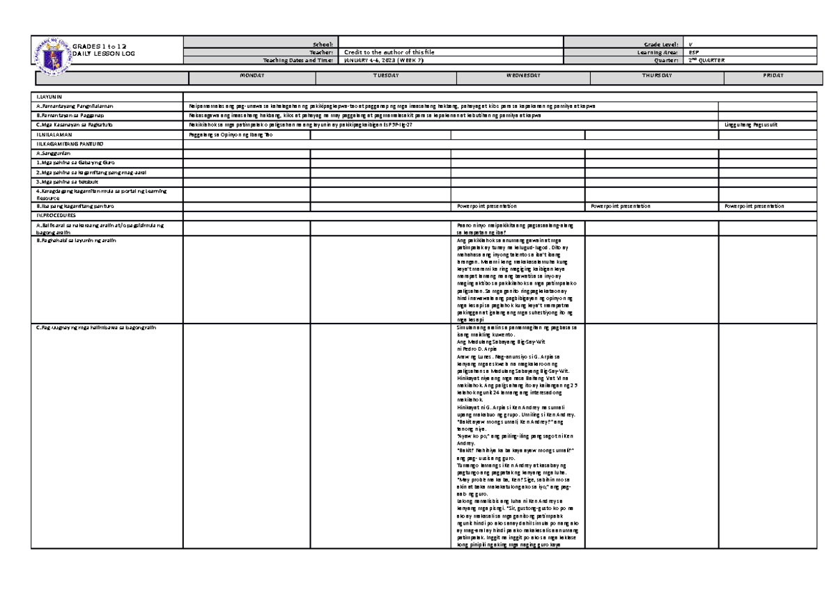 DLL ESP 5 Q2 W7 - fvgfbdfbfdhhrgt - GRADES 1 to 12 DAILY LESSON LOG ...