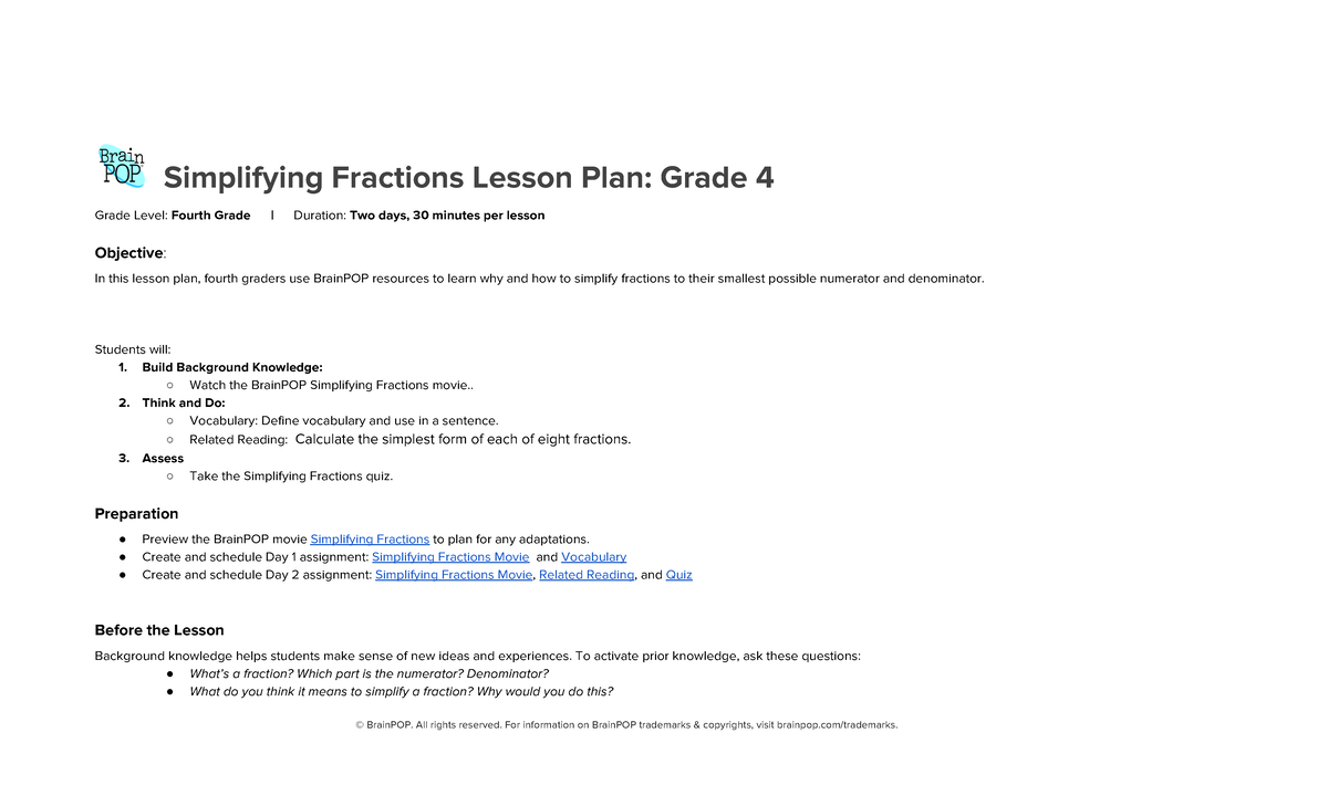 Grade 4 Simplifying Fractions Lesson Plan: Engage & Assess Students ...