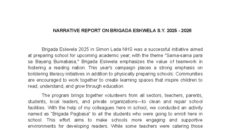 Narrative Report on Brigada Eskwela 2025-2026 - Studocu