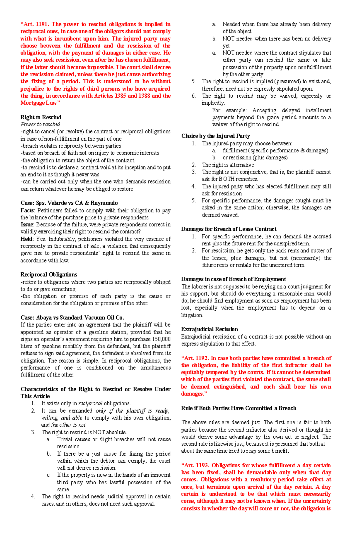 Reciprocal Obligations and the Right to Rescind: Notes 1191-1210 - Studocu