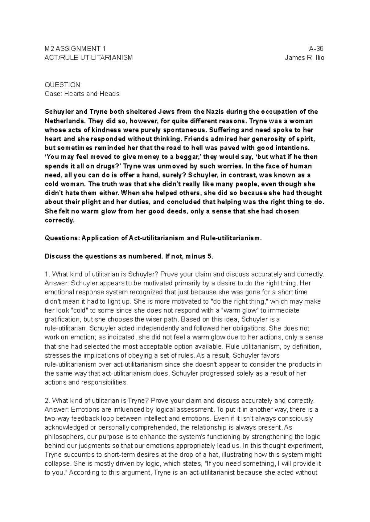 M2A1 Utilitarianism Case Study: Schuyler vs. Tryne Analysis - Studocu