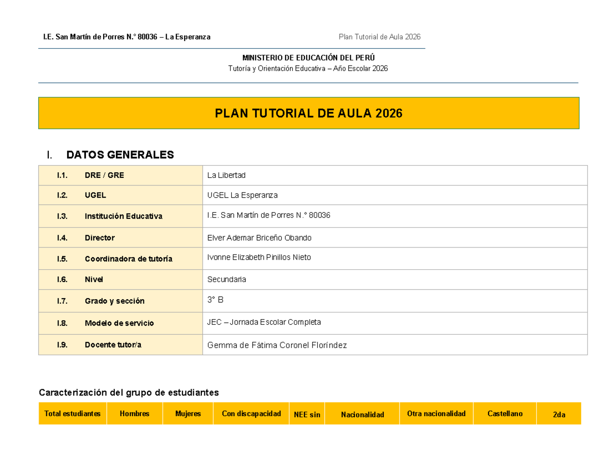 Plan Tutorial de Aula 2026 - I.E. San Martín de Porres 80036 - Studocu