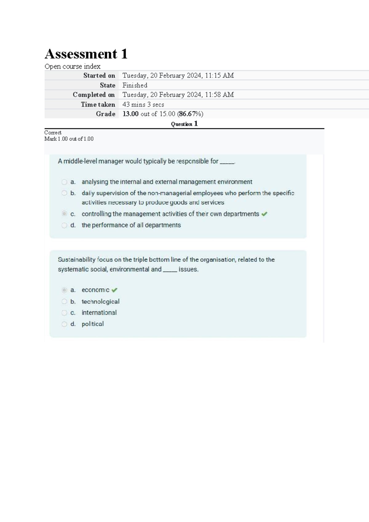 MNG2601 Assessment 1: Managerial Functions & Sustainability Concepts ...