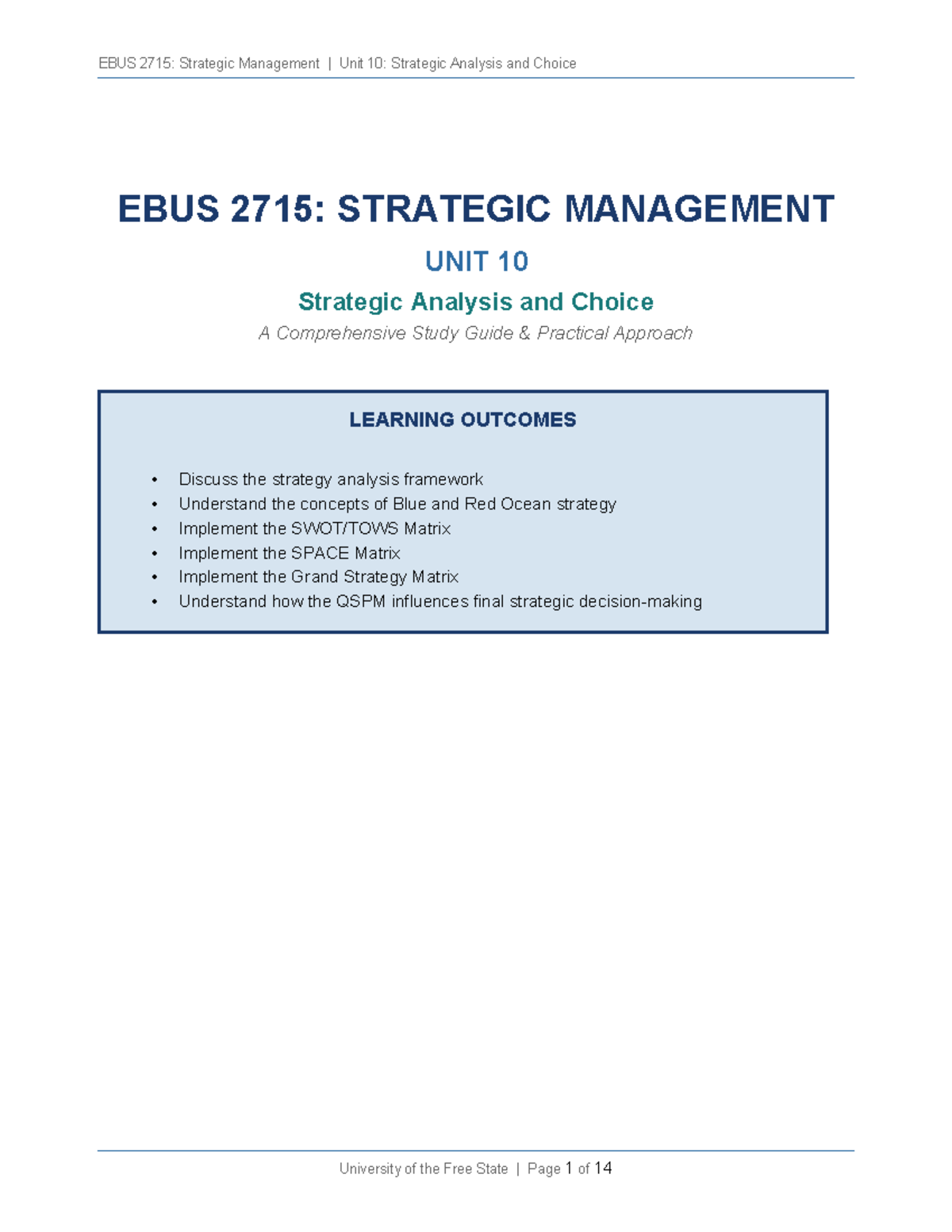 EBUS 2715: Strategic Management Unit 10 Study Guide on Analysis ...