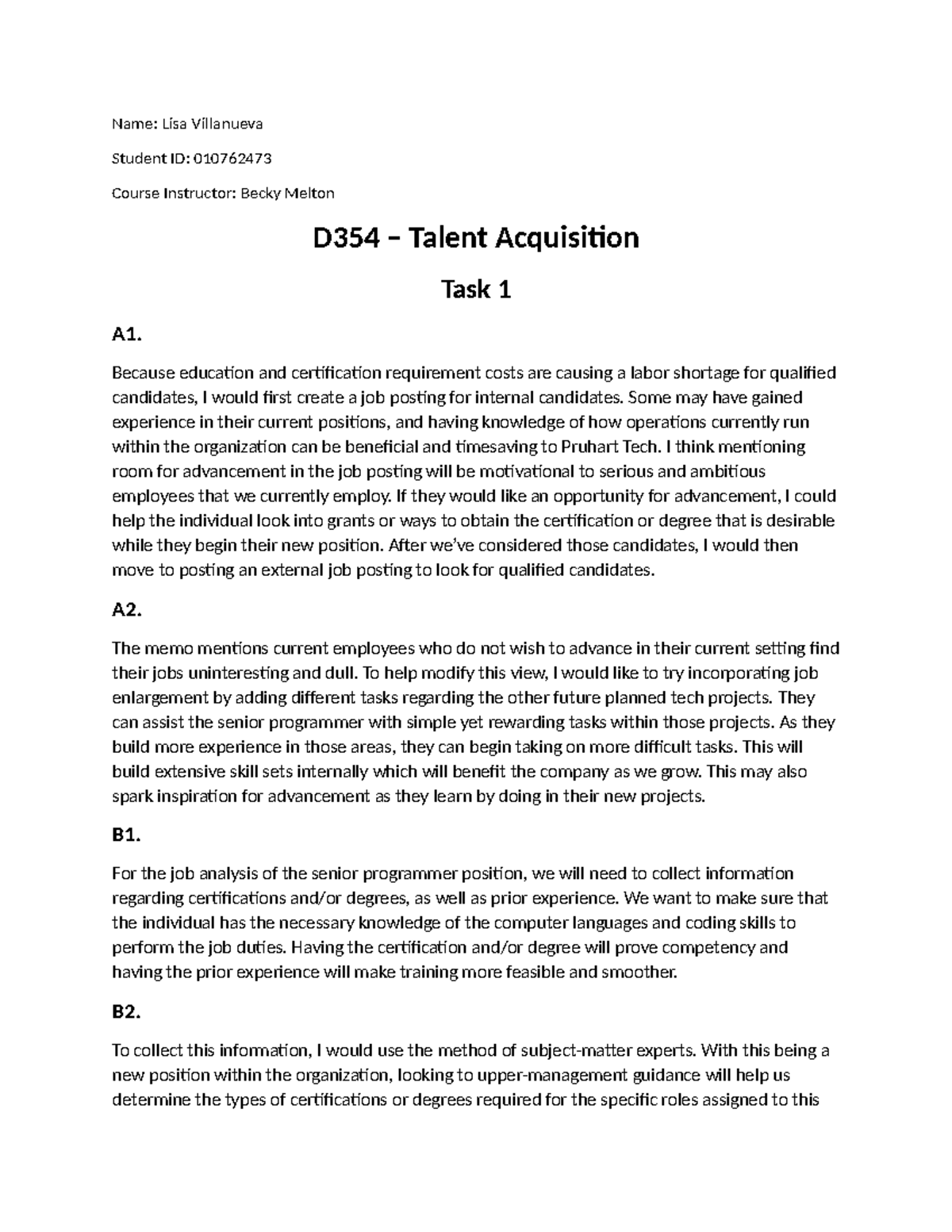 D354 Task 1 - Talent Acquisition Strategies and Job Analysis Insights ...