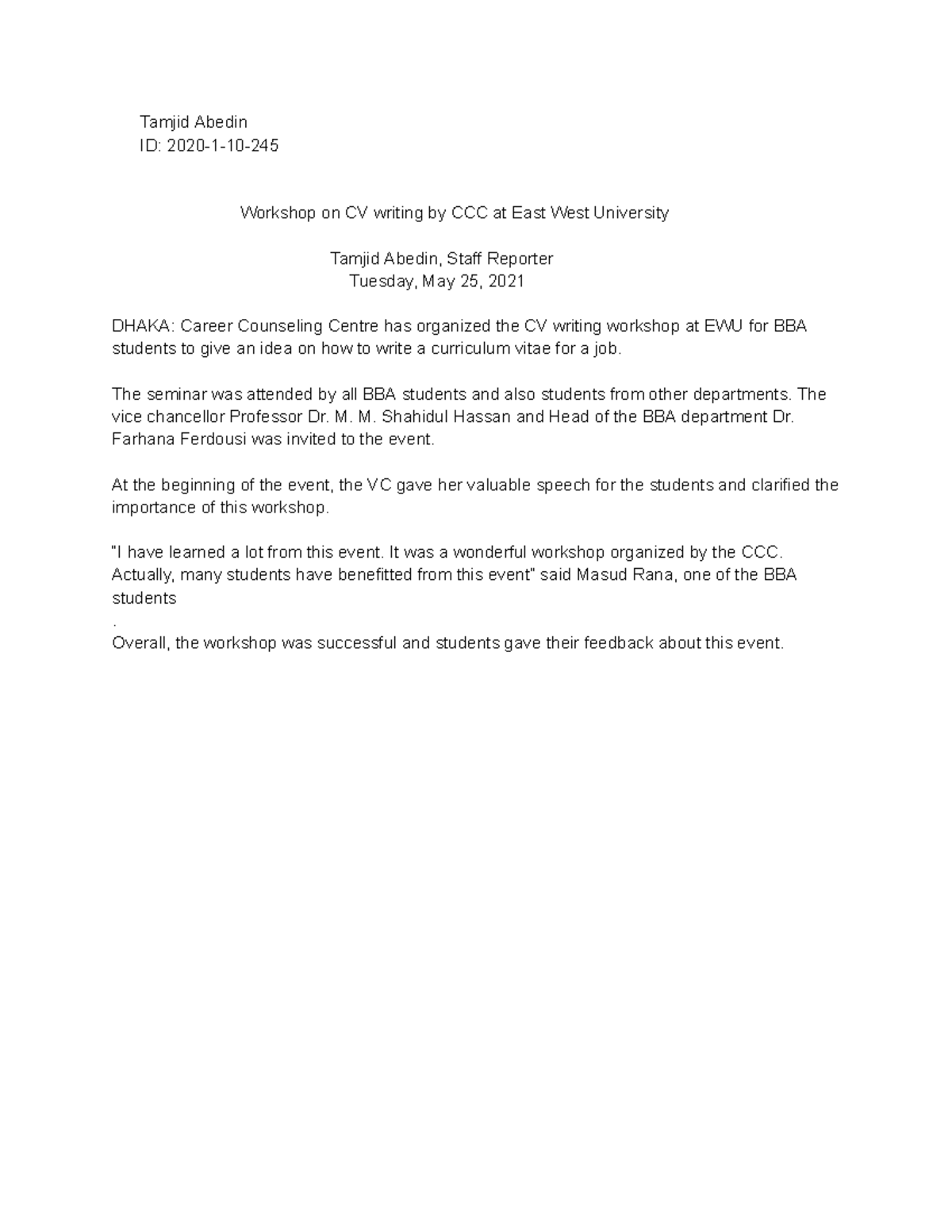 BBA Workshop Report: CV Writing by CCC at EWU - May 2021 - Studocu