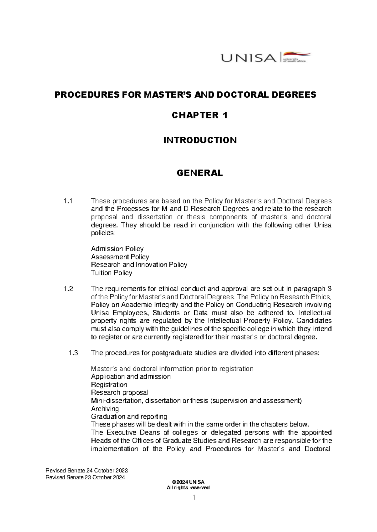Procedures for master's and doctoral degrees at Unisa: Chapter 1 ...