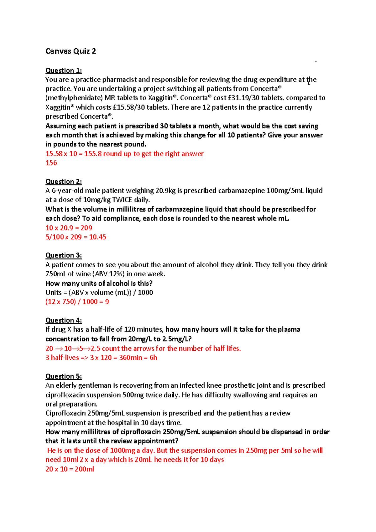 Numeracy Level 2: Quiz 2 Questions & Answers for Pharmacy Students ...