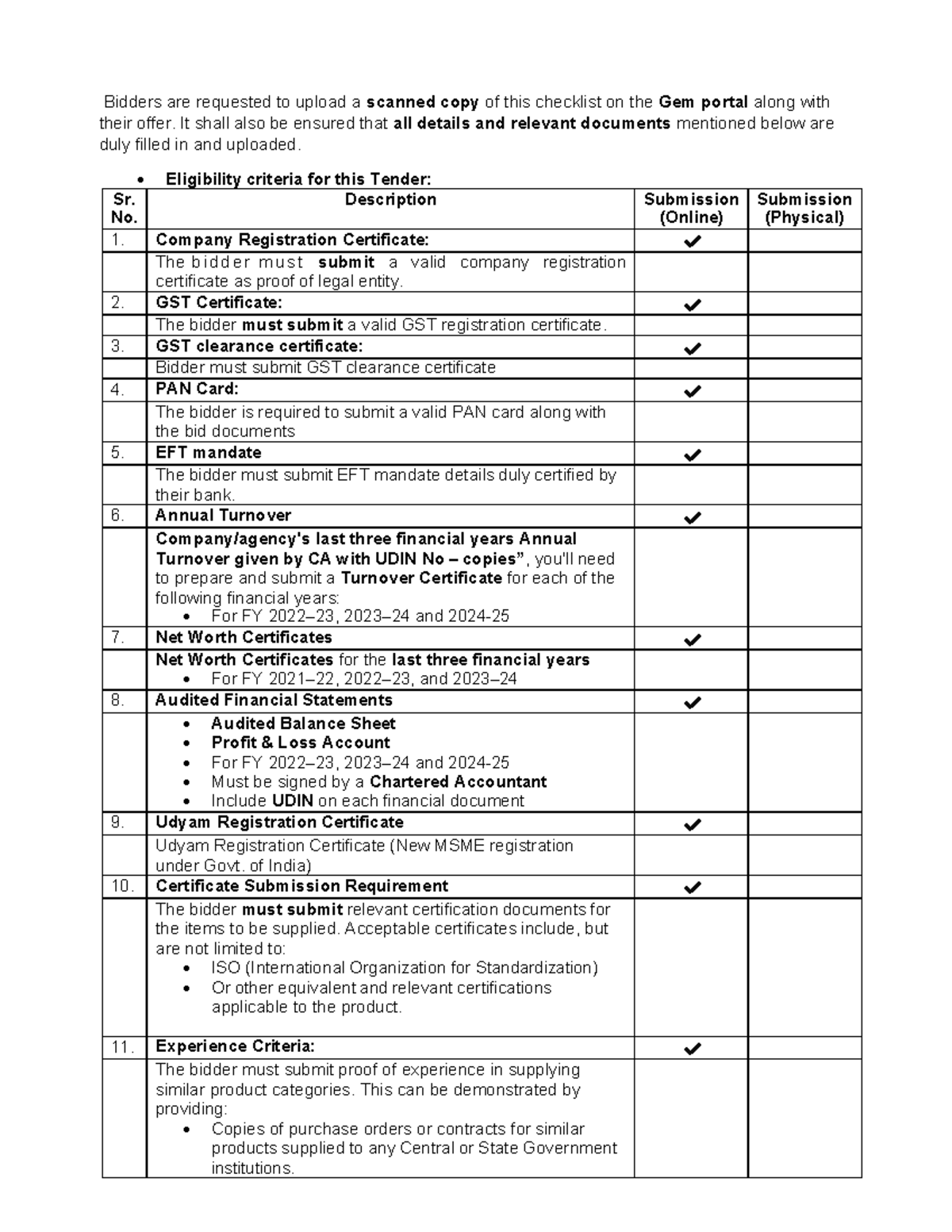 Tender Submission Checklist for Bidders: Requirements & Criteria - Studocu